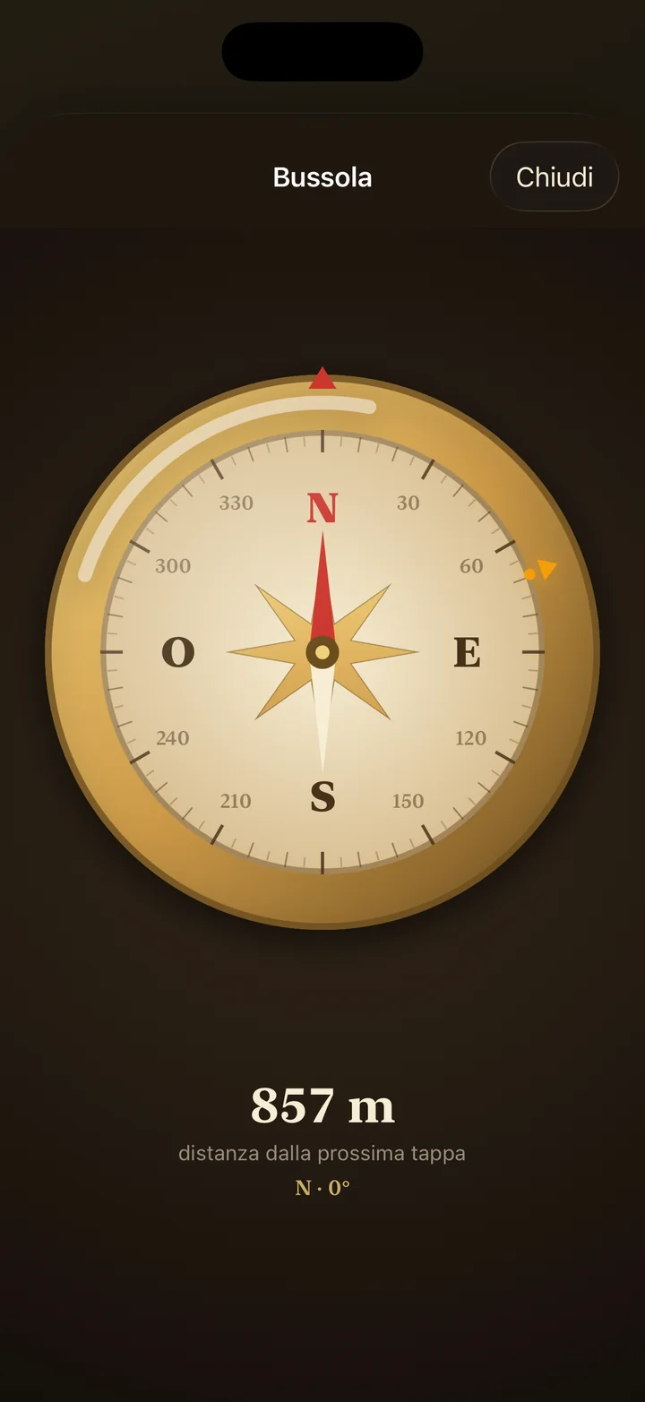 La bussola in ottone dell'app, con la distanza dalla prossima tappa.