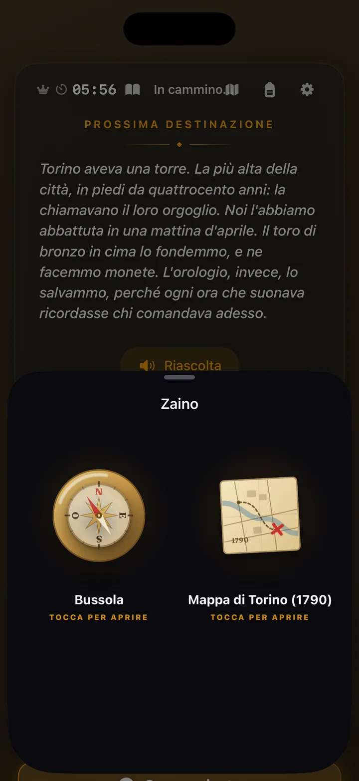 Lo zaino dell'app, con la bussola e una mappa storica della città.